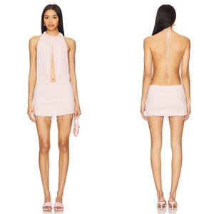 Mirror Palais La Piscine Beaded Fringe Ruched Cutout Silk Pink Mini Dress Sz S